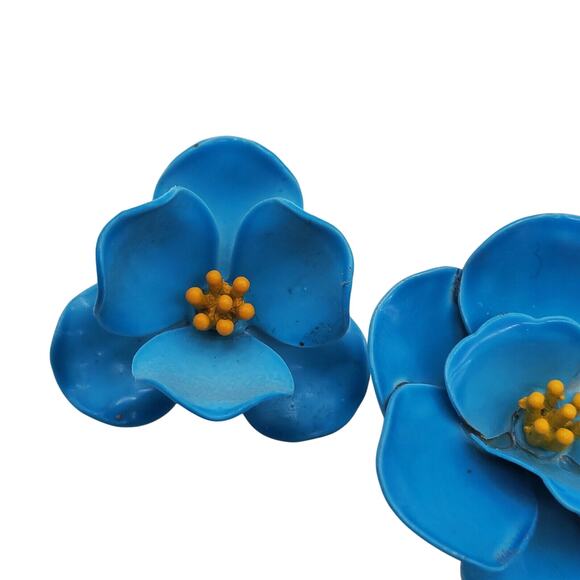 Blue Flower Power Brooch & Clip Earrings Enamel Pin Hippie Boho Vintage 1960s - Picture 3 of 6